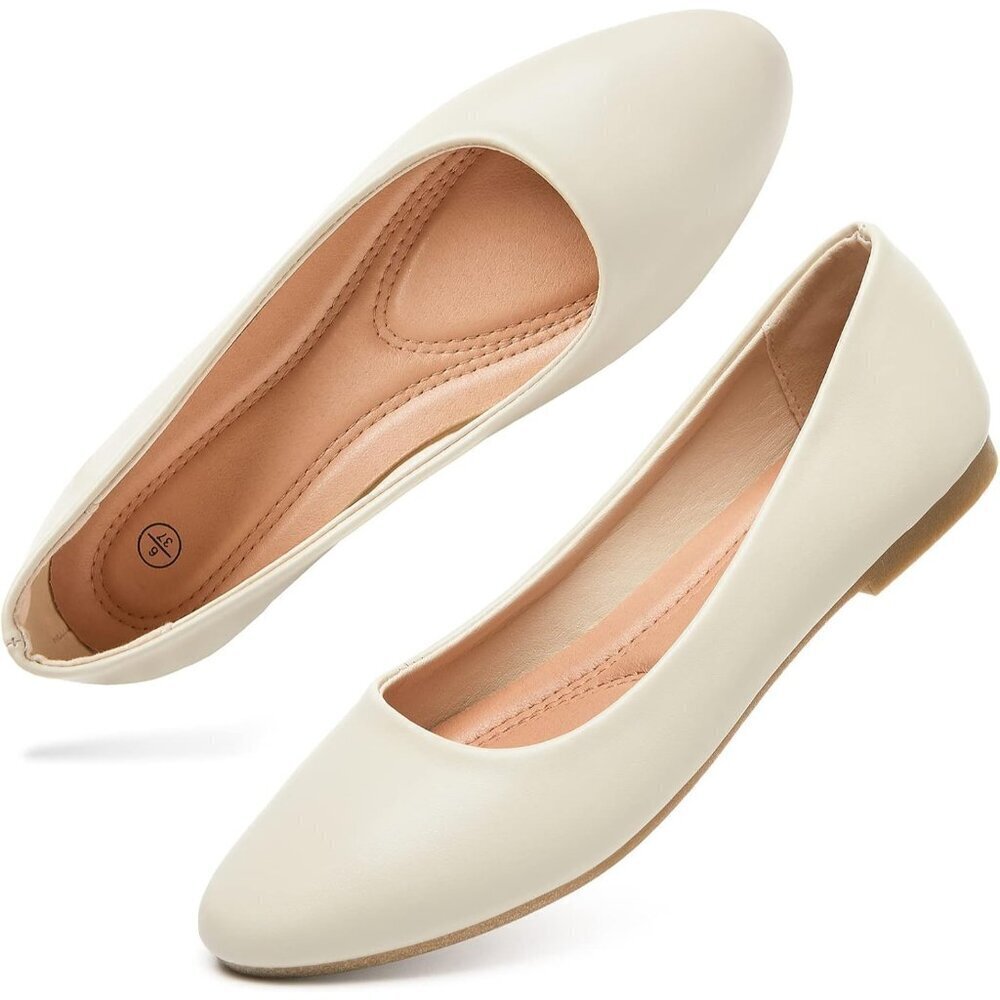Women's Beige PU Leather Closed Toe Slip on Comfortable Ballet Flats Shoes